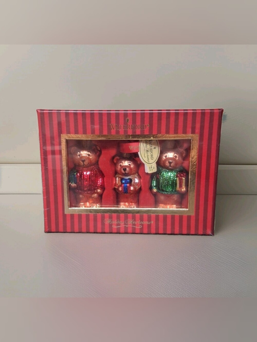 Set 3 Waterford Heirloom Collection Holiday Bear Christmas Ornaments Blown Glass